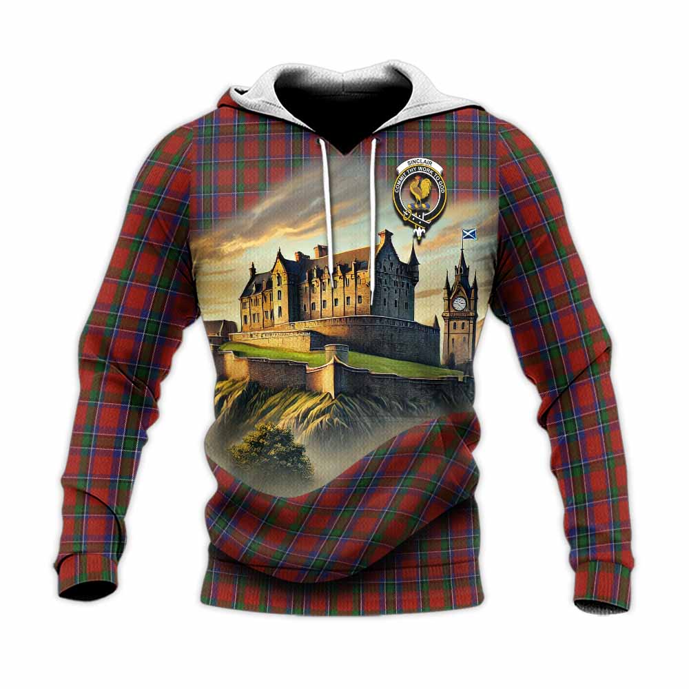 Tartan Vibes Clothing Sinclair Tartan Family Crest Knitted Hoodie with Scottish Ancient Castle Style