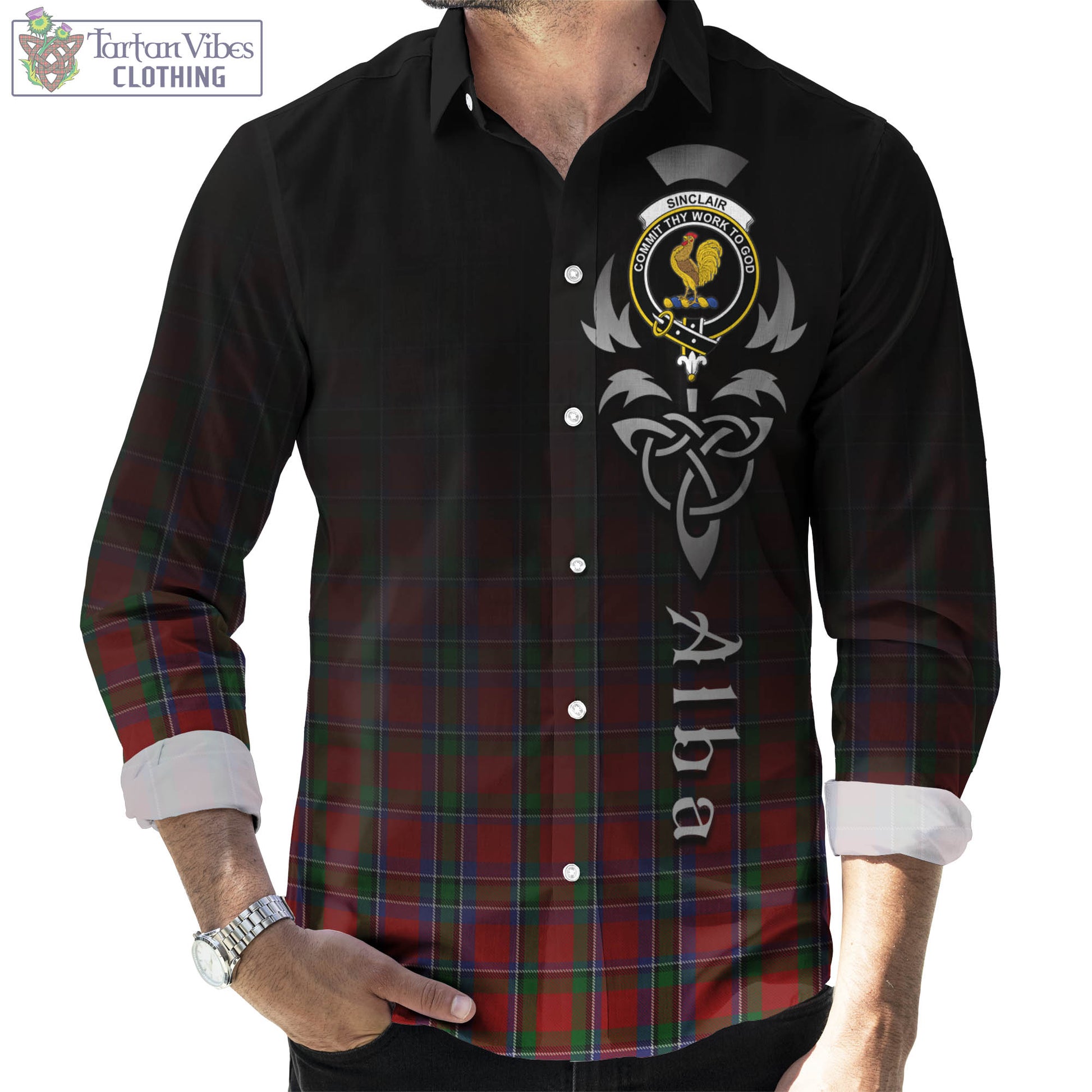 Sinclair Tartan Long Sleeve Button Up Featuring Alba Gu Brath Family Crest Celtic Inspired Men's Shirt - Tartan Vibes Clothing