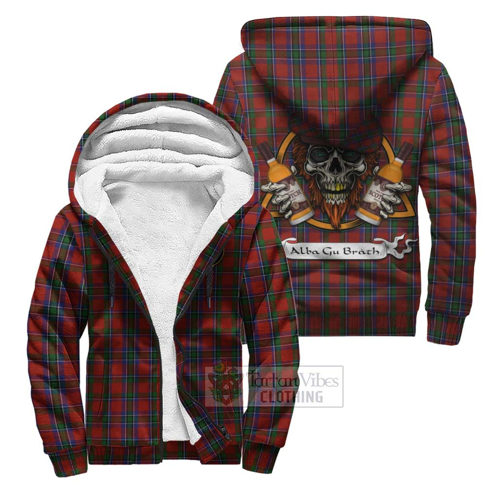 Tartan Vibes Clothing Sinclair Tartan Sherpa Hoodie with Family Crest and Bearded Skull Holding Bottles of Whiskey