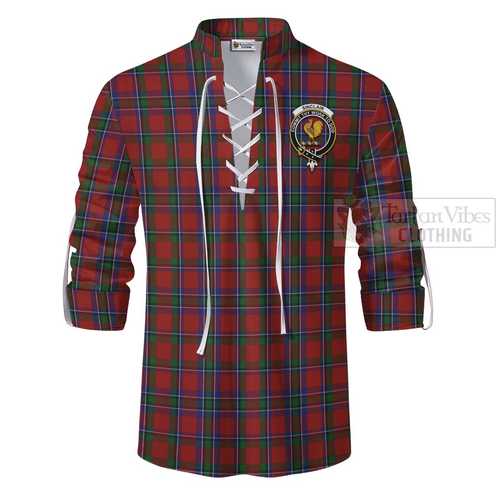 Tartan Vibes Clothing Sinclair Tartan Ghillie Kilt Shirt with Family Crest and Bearded Skull Holding Bottles of Whiskey