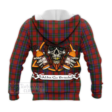 Sinclair Tartan Knitted Hoodie with Family Crest and Bearded Skull Holding Bottles of Whiskey