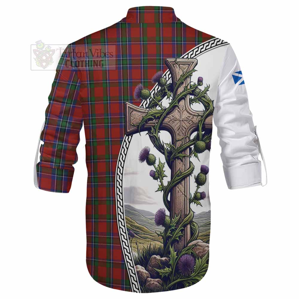 Tartan Vibes Clothing Sinclair Tartan Ghillie Kilt Shirt with Family Crest and St. Andrew's Cross Accented by Thistle Vines