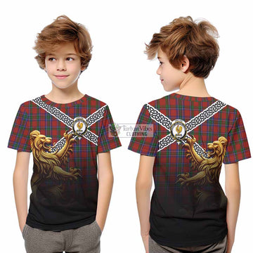 Sinclair Crest Tartan Kid T-Shirt with Golden Lion Emblem Celtic Style