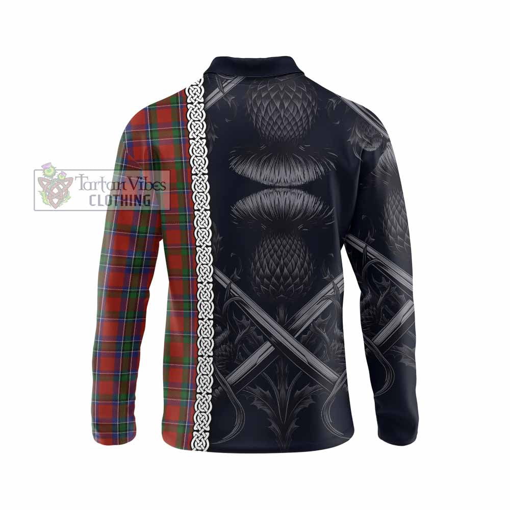 Tartan Vibes Clothing Sinclair Tartan Long Sleeve Polo Shirt with Family Crest Cross Sword Thistle Celtic Vibes