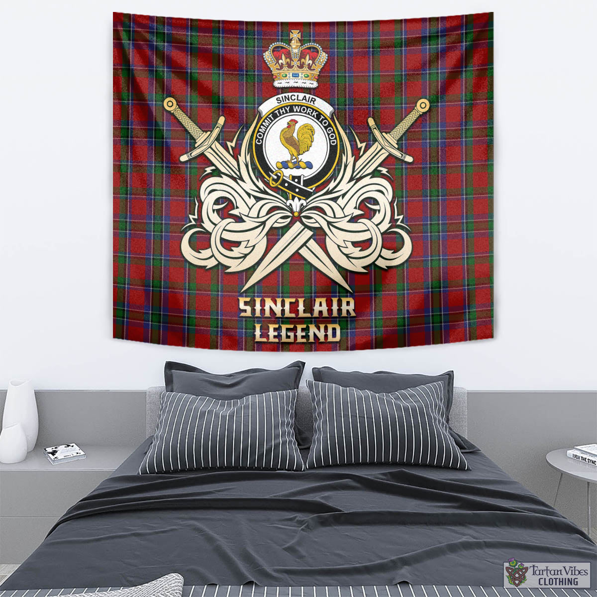 Tartan Vibes Clothing Sinclair Tartan Tapestry with Clan Crest and the Golden Sword of Courageous Legacy