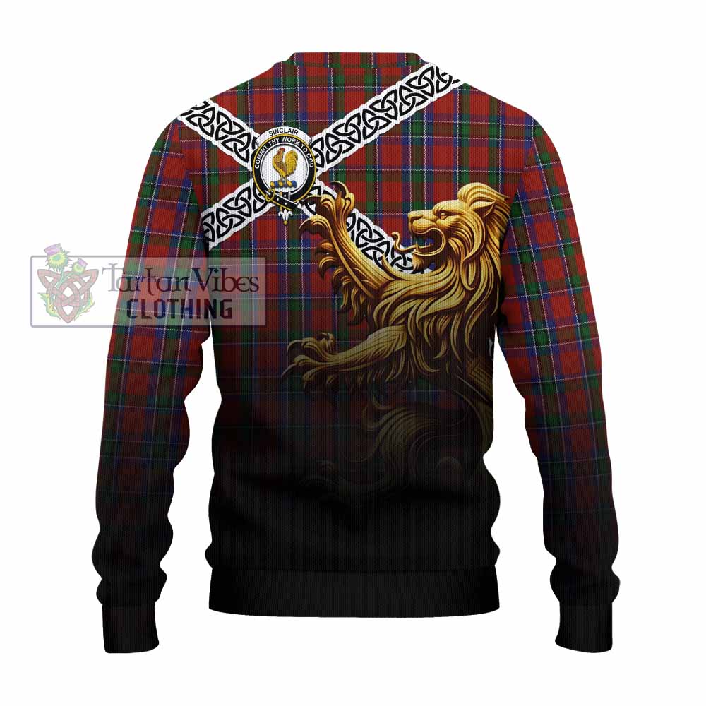 Tartan Vibes Clothing Sinclair Crest Tartan Knitted Sweater with Golden Lion Emblem Celtic Style