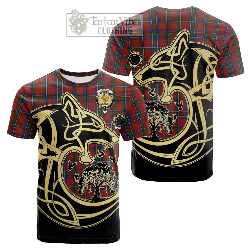 Tartan Vibes Clothing Sinclair Tartan Cotton T-shirt with Family Crest Celtic Wolf Style