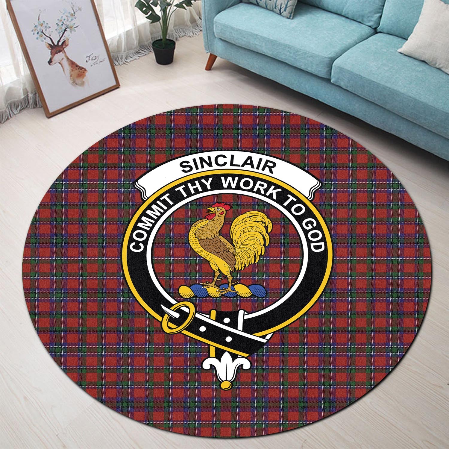 sinclair-tartan-round-rug-with-family-crest