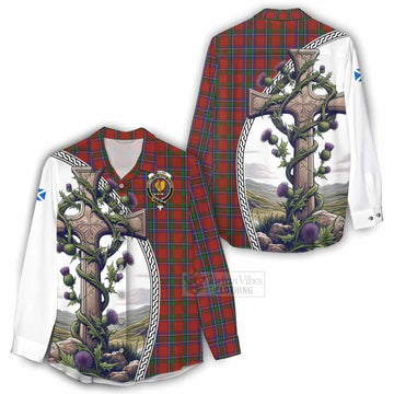 Tartan Vibes Clothing Sinclair Tartan Women's Casual Shirt with Family Crest and St. Andrew's Cross Accented by Thistle Vines