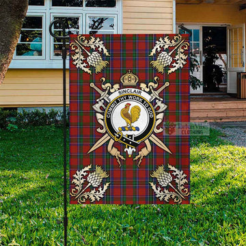 Sinclair Tartan Garden Flag with Family Crest and Golden Thistle Crossed Sword Design