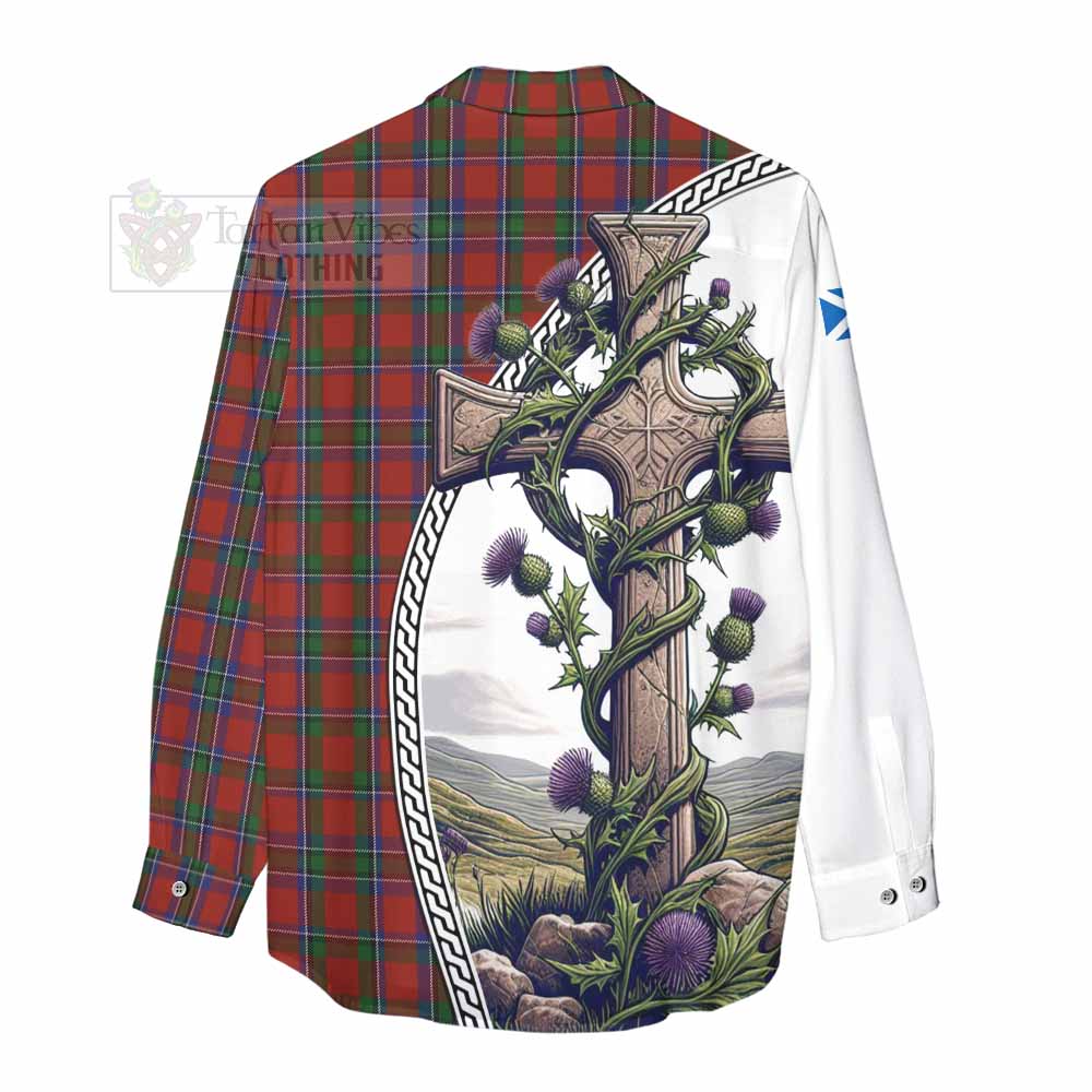 Tartan Vibes Clothing Sinclair Tartan Women's Casual Shirt with Family Crest and St. Andrew's Cross Accented by Thistle Vines