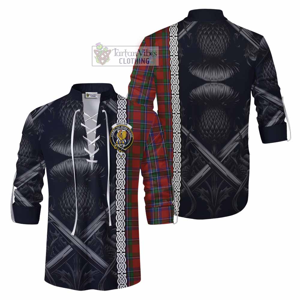 Tartan Vibes Clothing Sinclair Tartan Ghillie Kilt Shirt with Family Crest Cross Sword Thistle Celtic Vibes
