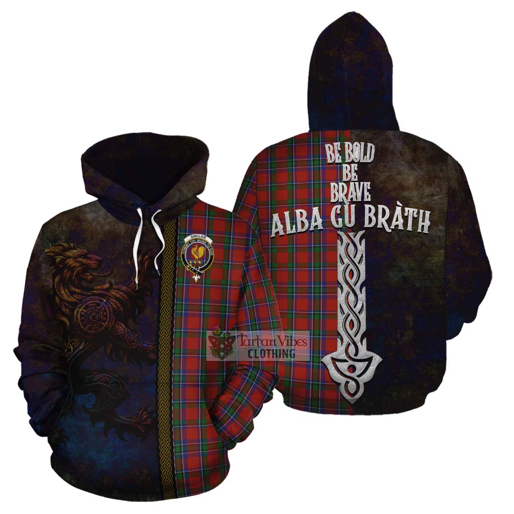 Tartan Vibes Clothing Sinclair Tartan Family Crest Cotton Hoodie Alba Gu Brath Be Brave Lion Ancient Style
