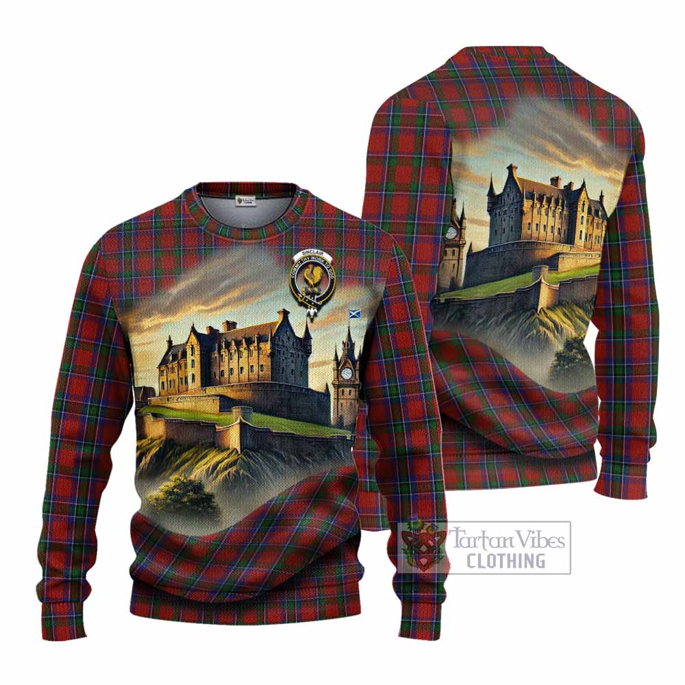 Tartan Vibes Clothing Sinclair Tartan Family Crest Knitted Sweater with Scottish Ancient Castle Style