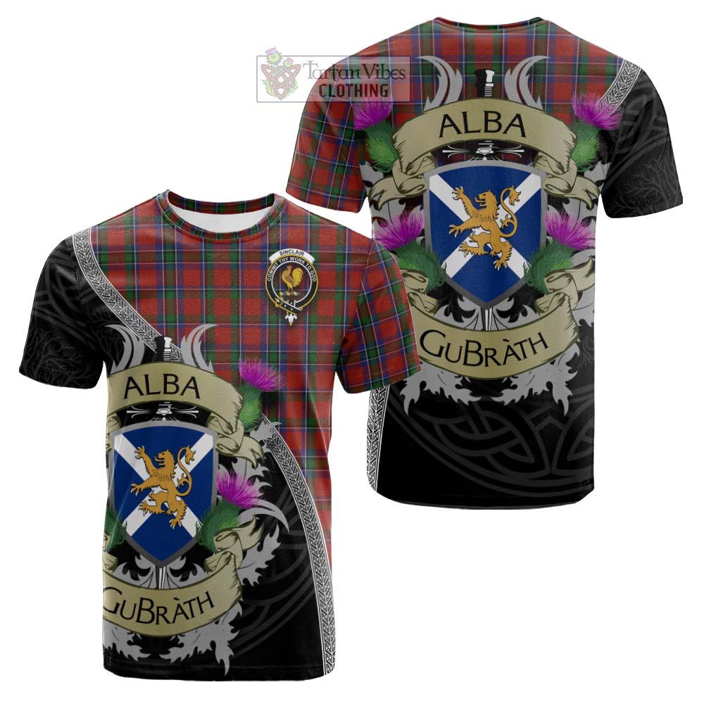 Tartan Vibes Clothing Sinclair Tartan Family Crest Cotton T-shirt Lion Rampant Royal Thistle Shield Celtic Inspired
