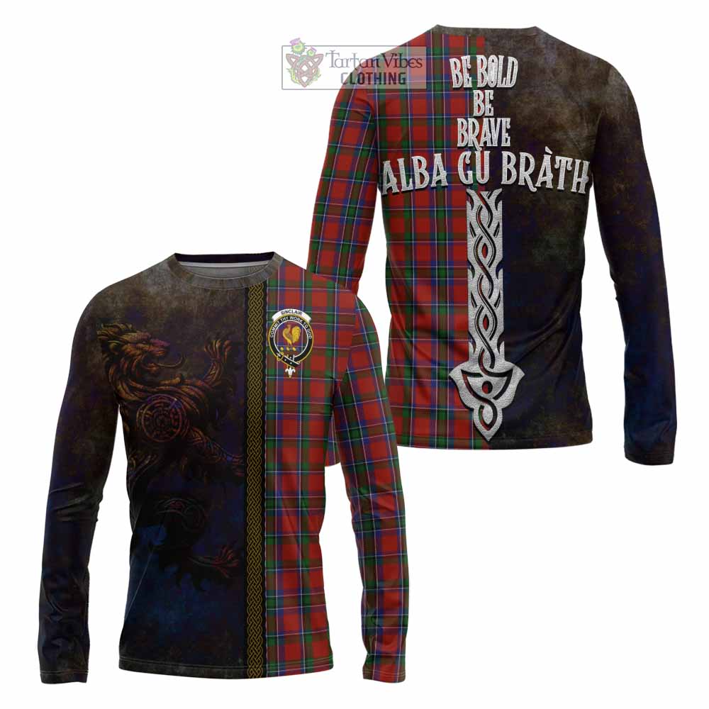 Tartan Vibes Clothing Sinclair Tartan Family Crest Long Sleeve T-Shirt Alba Gu Brath Be Brave Lion Ancient Style