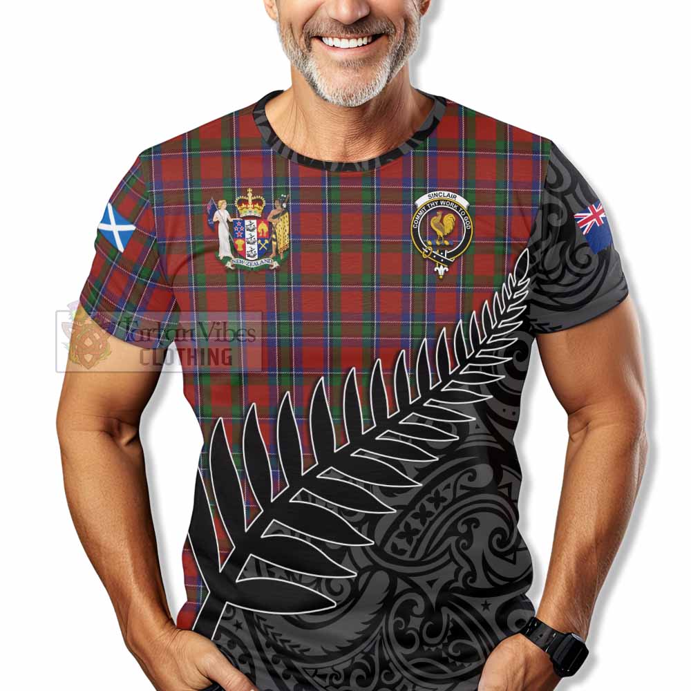 Sinclair Crest Tartan T-Shirt with New Zealand Silver Fern Half Style - Tartan Vibes Clothing