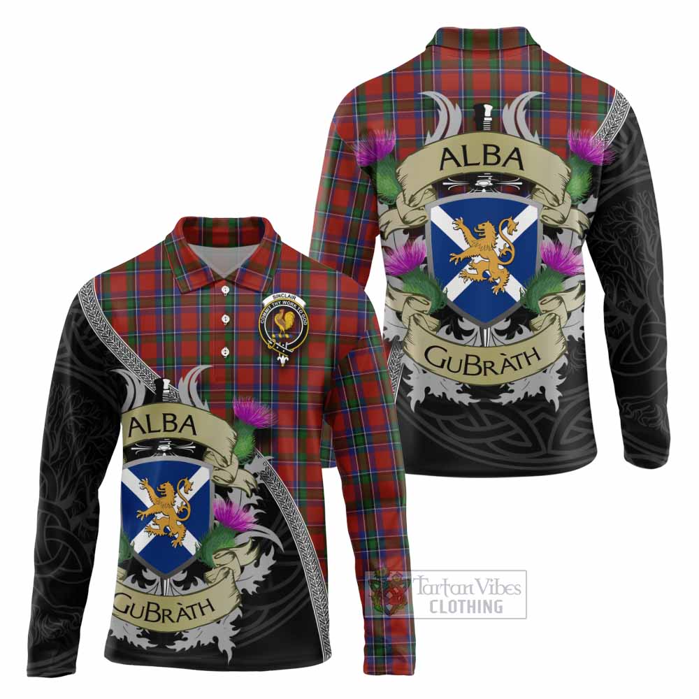 Tartan Vibes Clothing Sinclair Tartan Family Crest Long Sleeve Polo Shirt Lion Rampant Royal Thistle Shield Celtic Inspired
