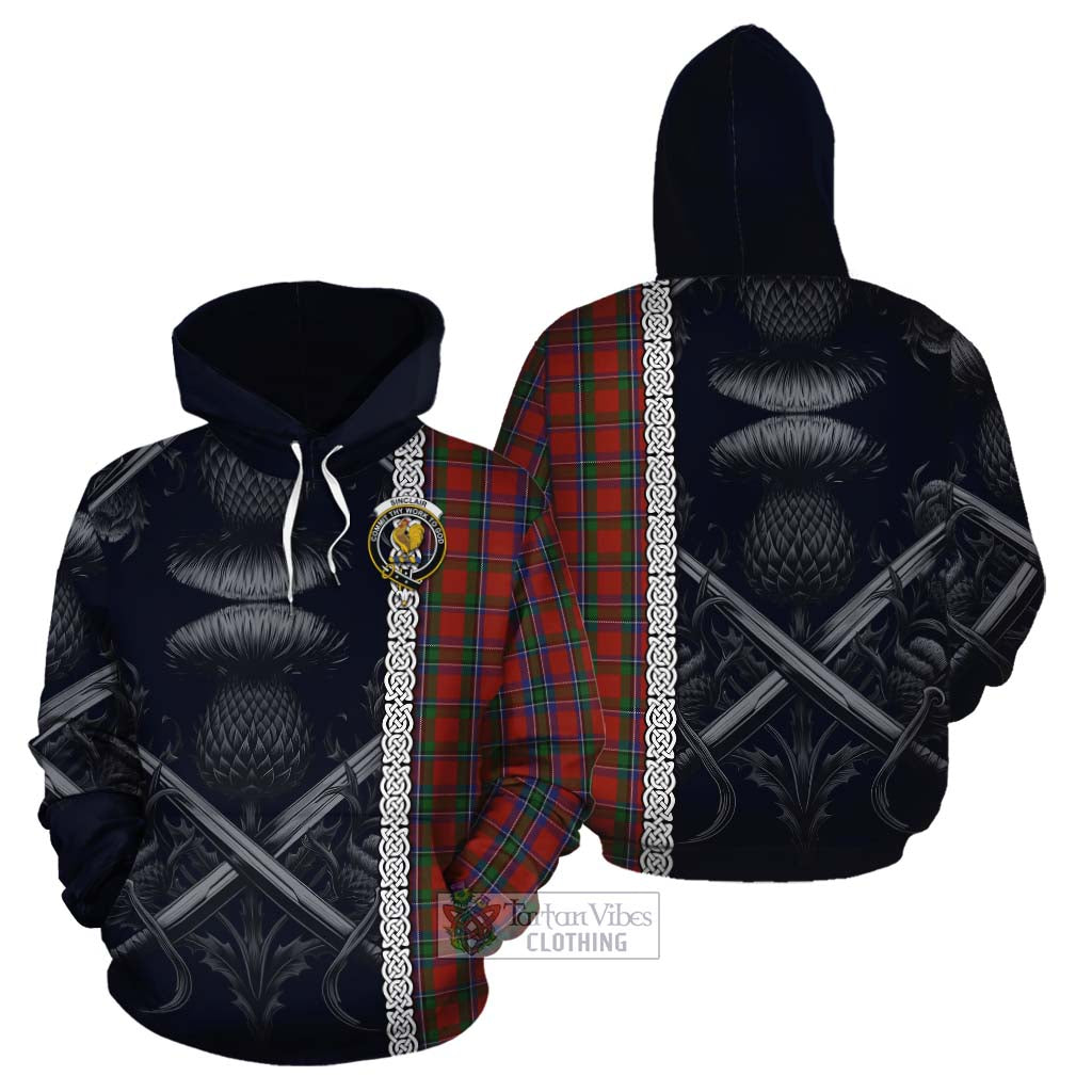 Tartan Vibes Clothing Sinclair Tartan Cotton Hoodie with Family Crest Cross Sword Thistle Celtic Vibes