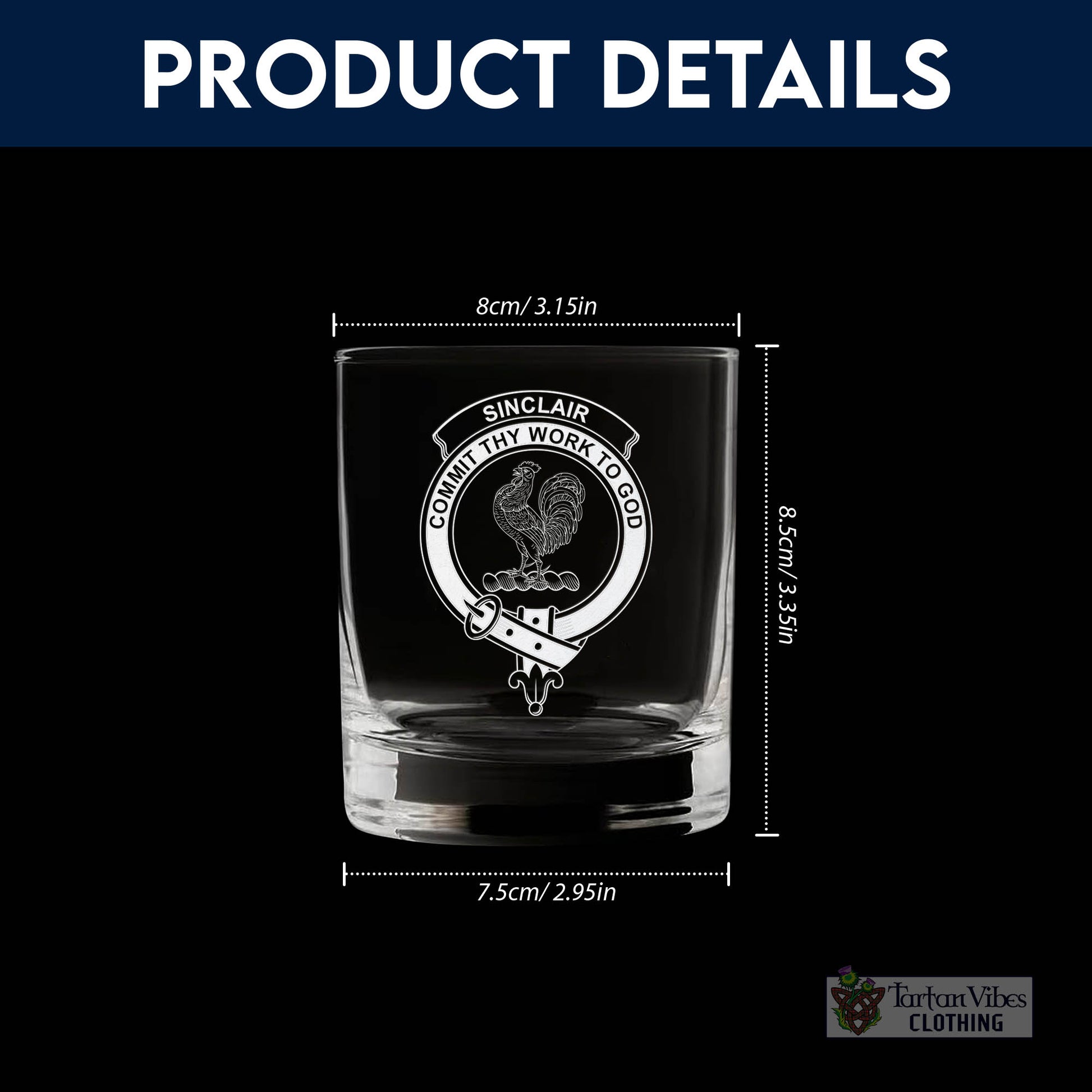 Tartan Vibes Clothing Sinclair Family Crest Engraved Whiskey Glass with Handle