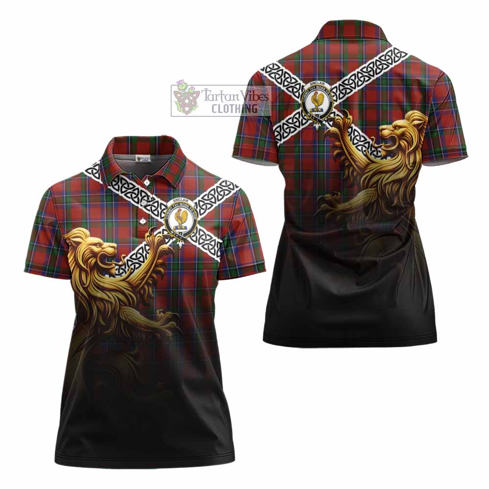 Tartan Vibes Clothing Sinclair Crest Tartan Women's Polo Shirt with Golden Lion Emblem Celtic Style