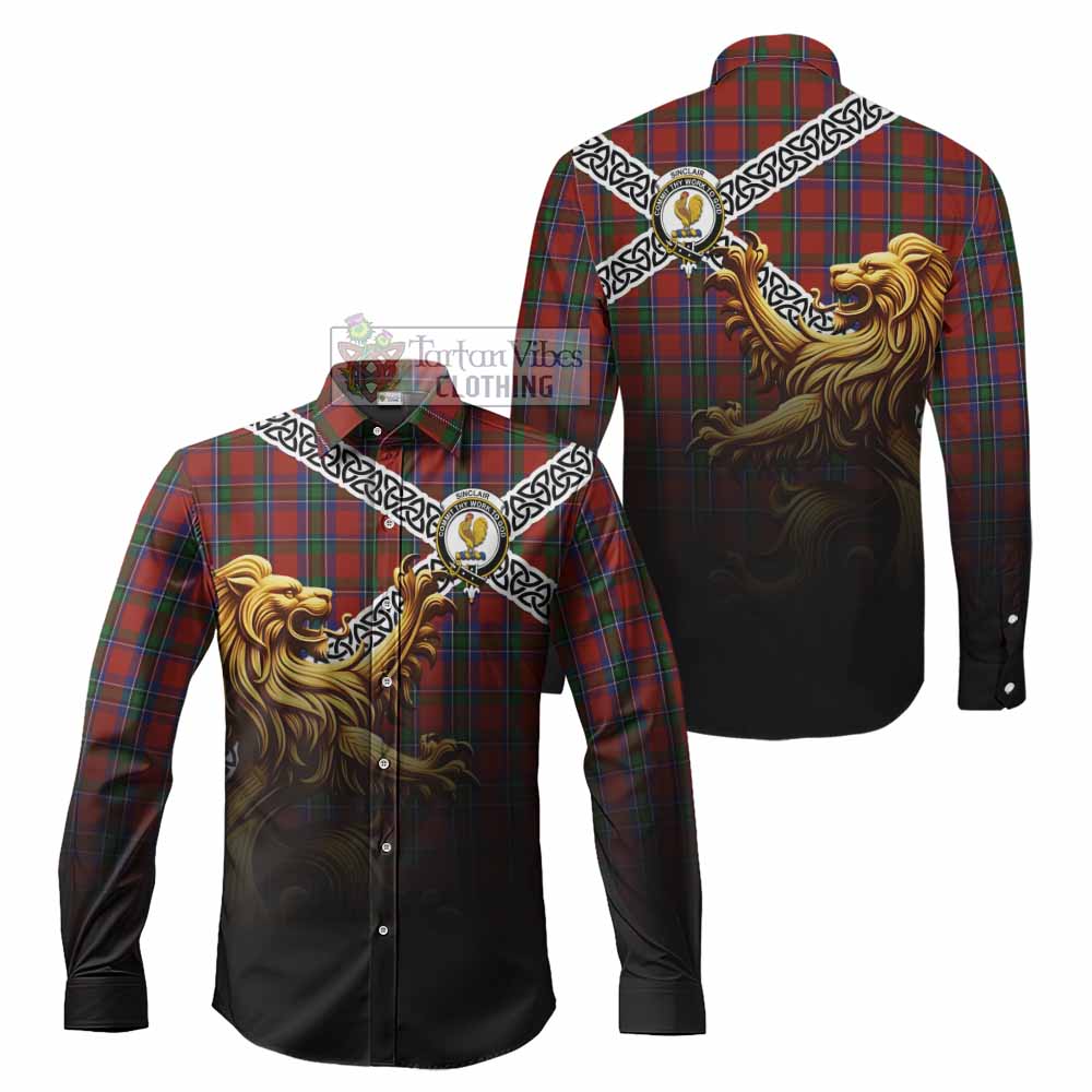 Tartan Vibes Clothing Sinclair Crest Tartan Long Sleeve Button Shirt with Golden Lion Emblem Celtic Style