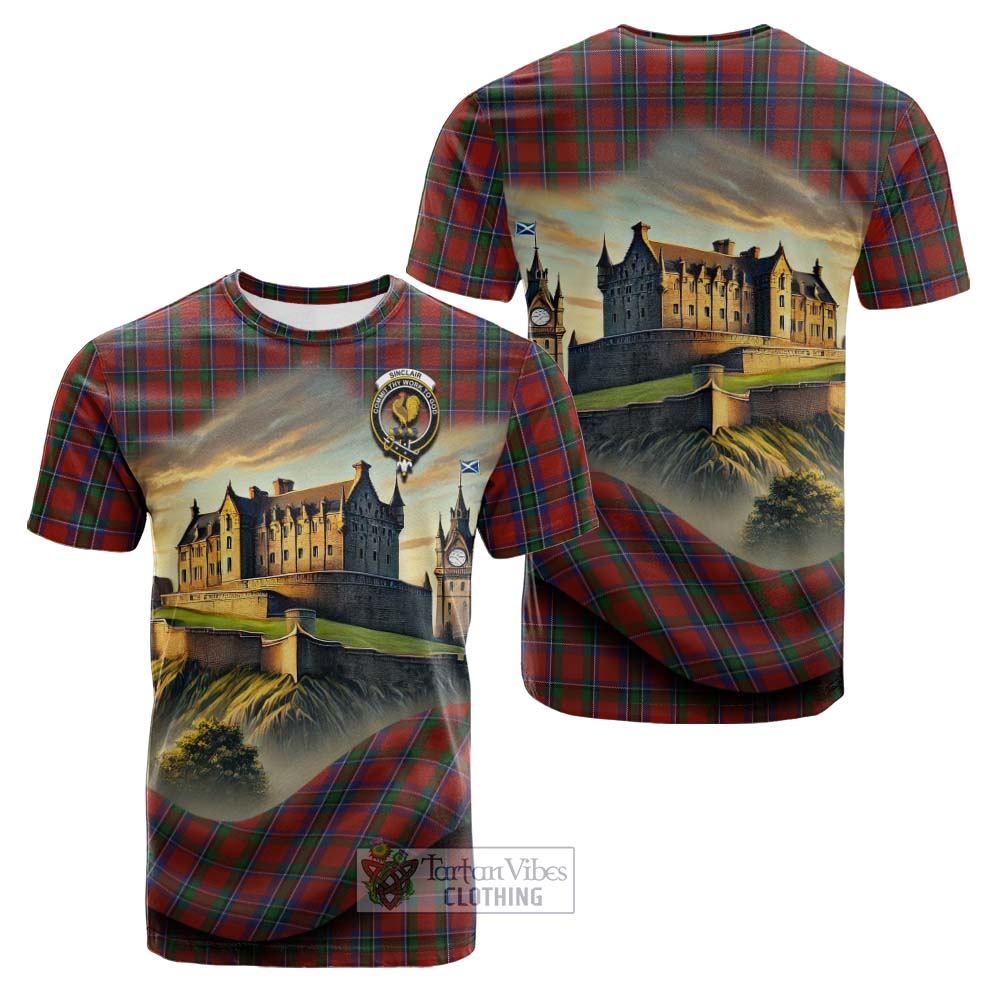 Tartan Vibes Clothing Sinclair Tartan Family Crest Cotton T-shirt with Scottish Ancient Castle Style