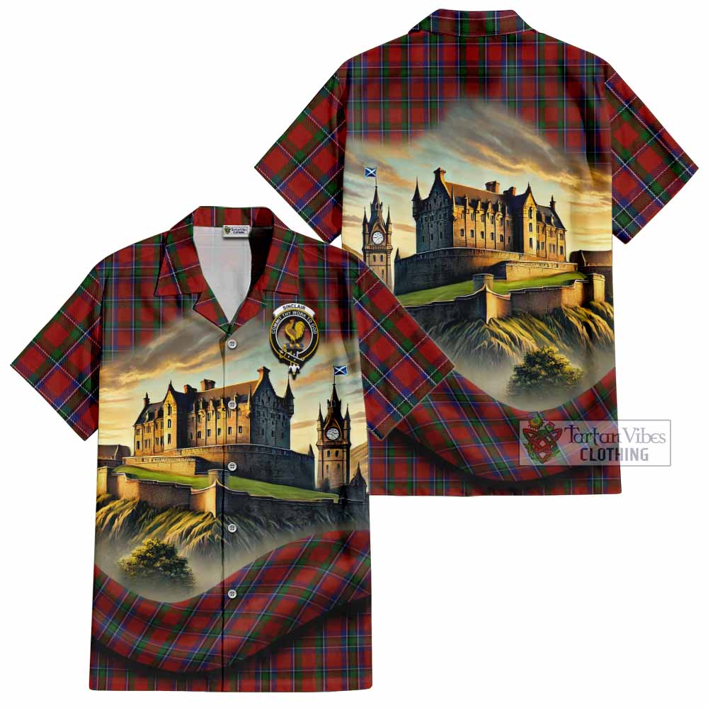 Tartan Vibes Clothing Sinclair Tartan Family Crest Short Sleeve Button Shirt with Scottish Ancient Castle Style