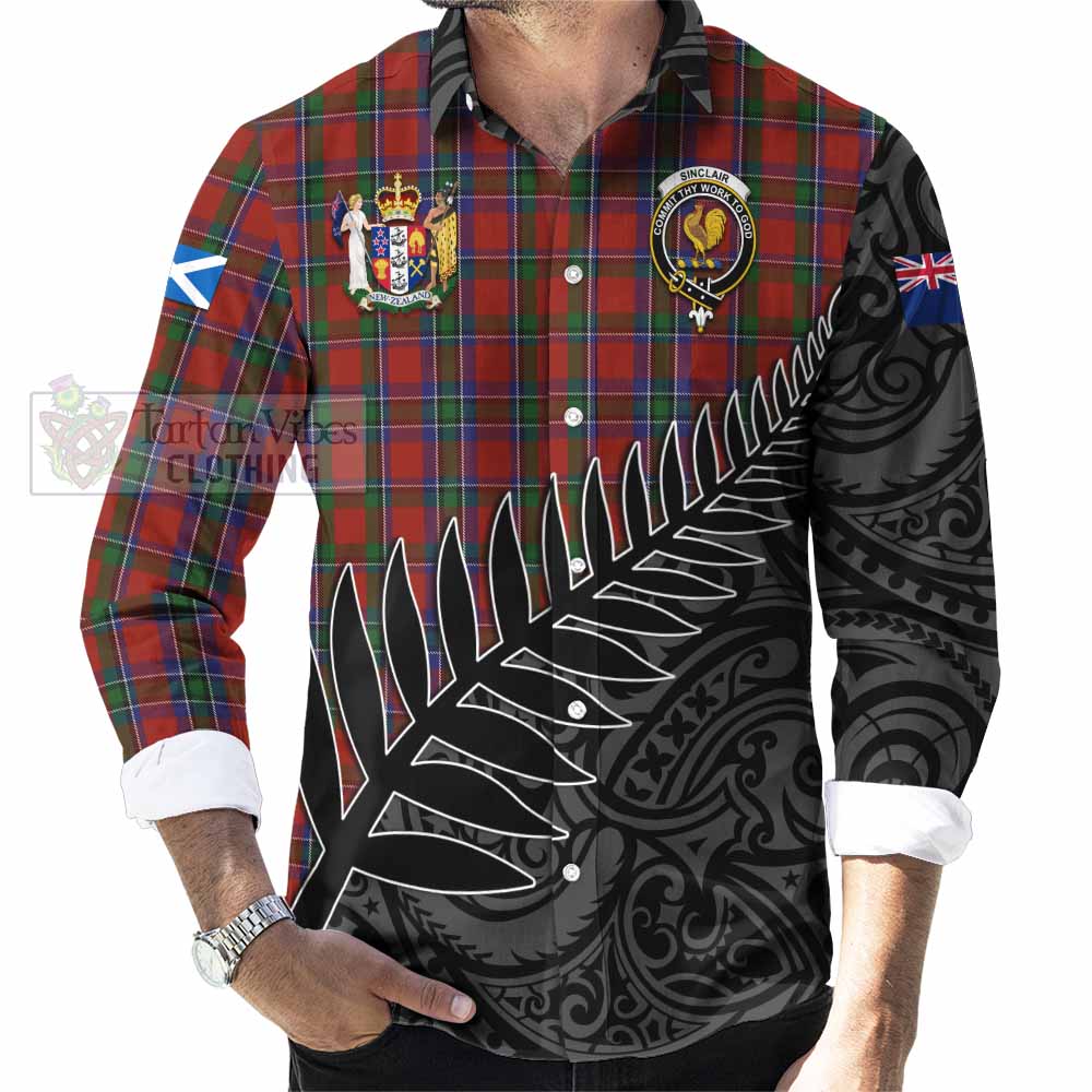 Sinclair Crest Tartan Long Sleeve Button Shirt with New Zealand Silver Fern Half Style - Tartan Vibes Clothing