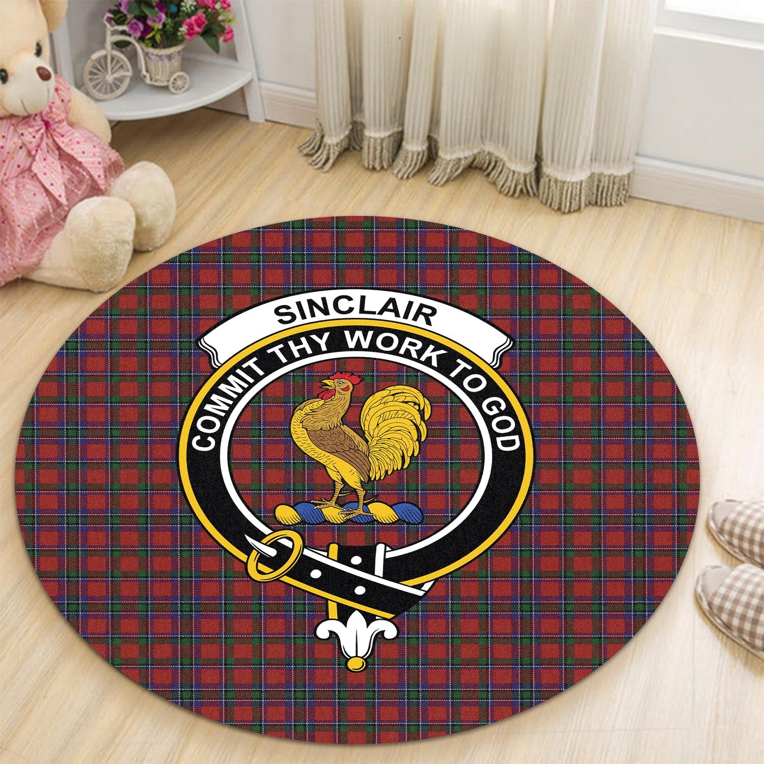 sinclair-tartan-round-rug-with-family-crest
