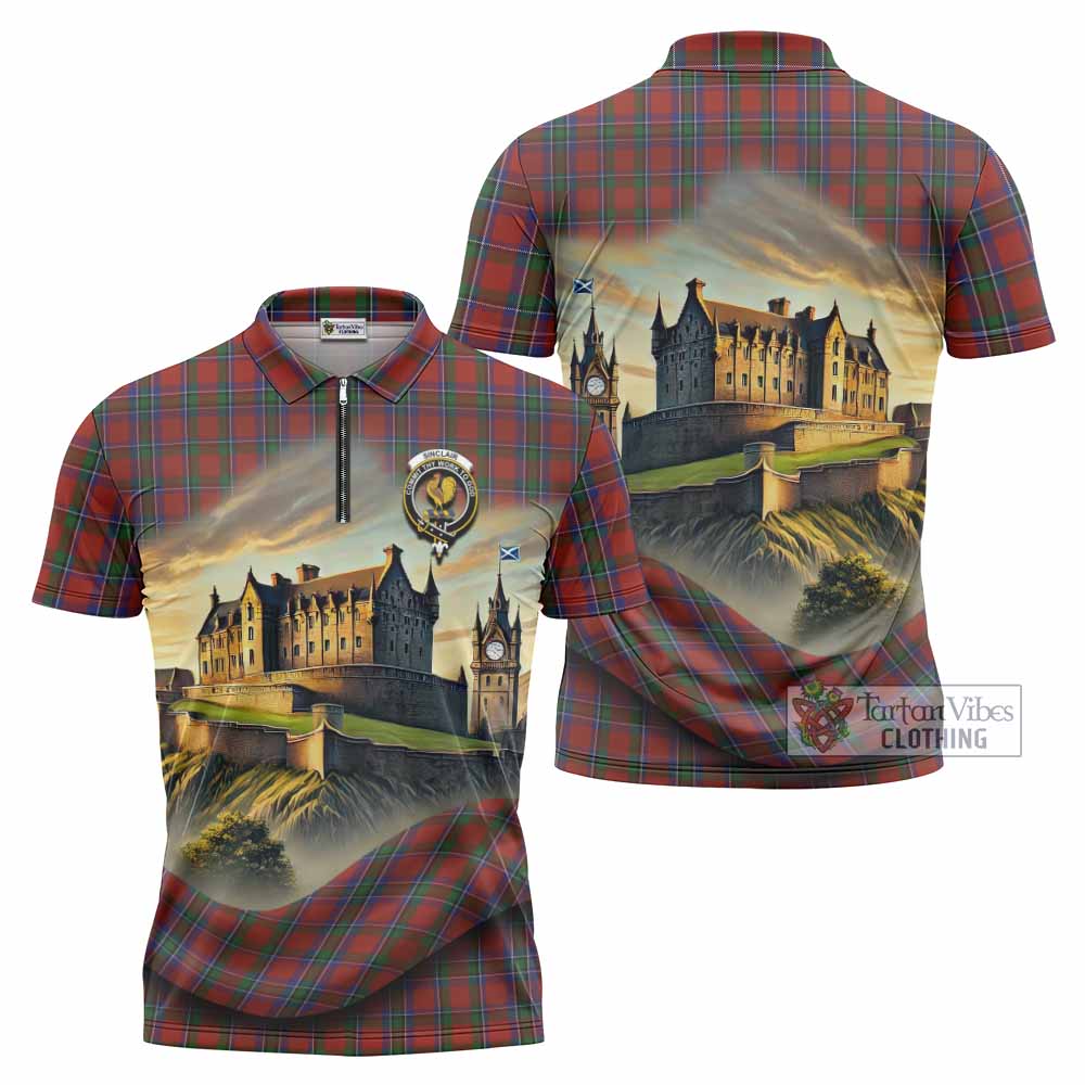 Tartan Vibes Clothing Sinclair Tartan Family Crest Zipper Polo Shirt with Scottish Ancient Castle Stype