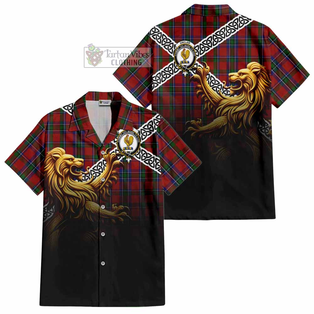 Tartan Vibes Clothing Sinclair Crest Tartan Short Sleeve Button Shirt with Golden Lion Emblem Celtic Style