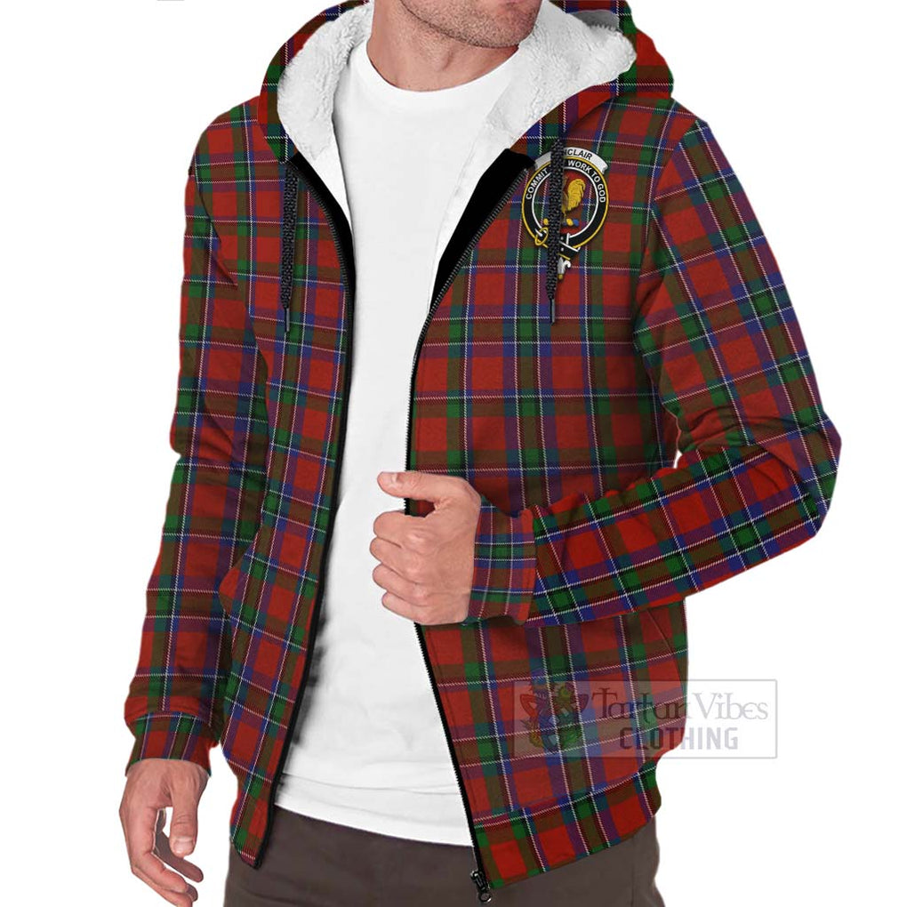 Tartan Vibes Clothing Sinclair Tartan Sherpa Hoodie with Family Crest and Bearded Skull Holding Bottles of Whiskey
