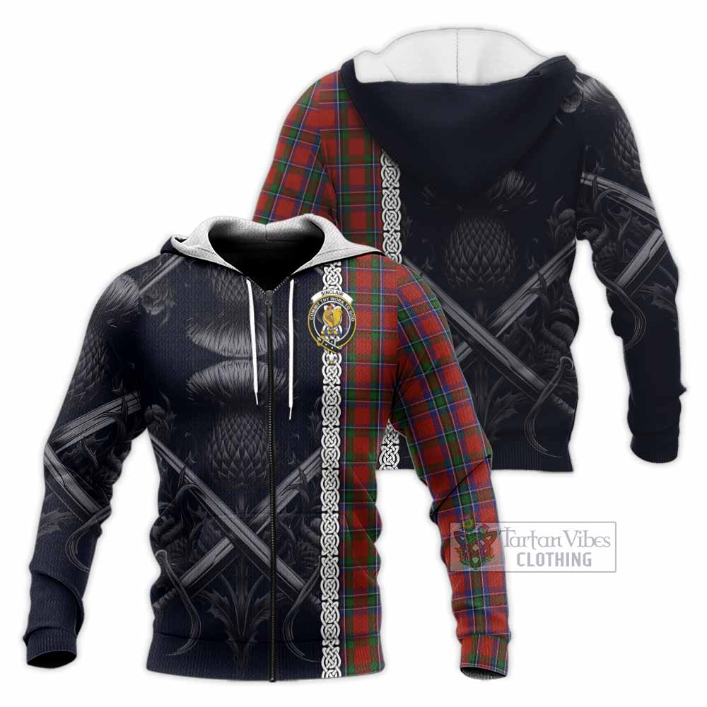 Tartan Vibes Clothing Sinclair Tartan Knitted Hoodie with Family Crest Cross Sword Thistle Celtic Vibes