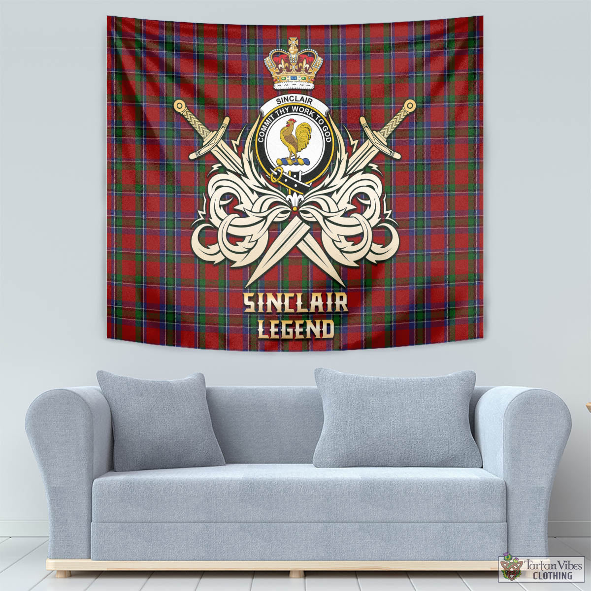 Tartan Vibes Clothing Sinclair Tartan Tapestry with Clan Crest and the Golden Sword of Courageous Legacy