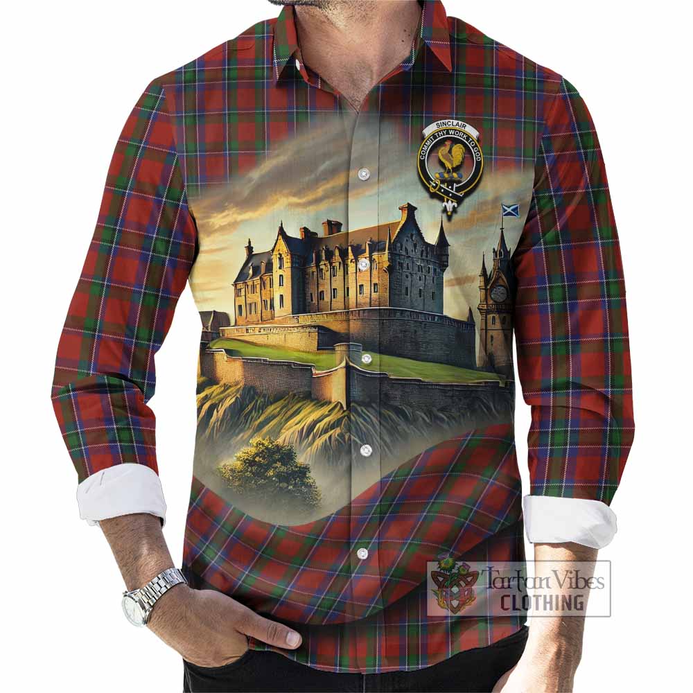 Tartan Vibes Clothing Sinclair Tartan Family Crest Long Sleeve Button Shirt with Scottish Ancient Castle Style