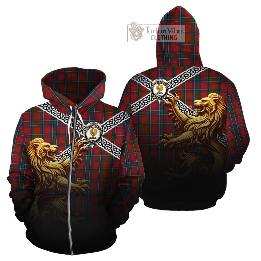 Tartan Vibes Clothing Sinclair Crest Tartan Cotton Hoodie with Golden Lion Emblem Celtic Style