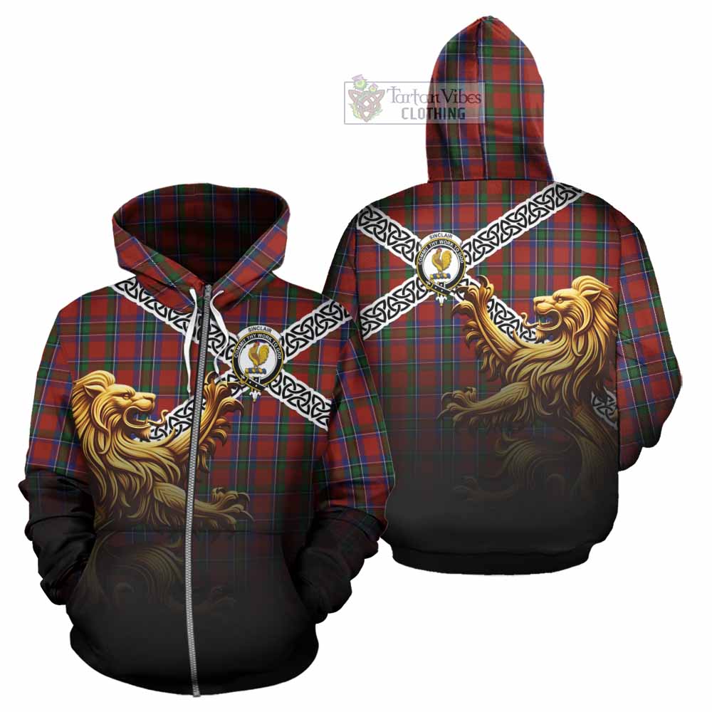 Tartan Vibes Clothing Sinclair Crest Tartan Hoodie with Golden Lion Emblem Celtic Style