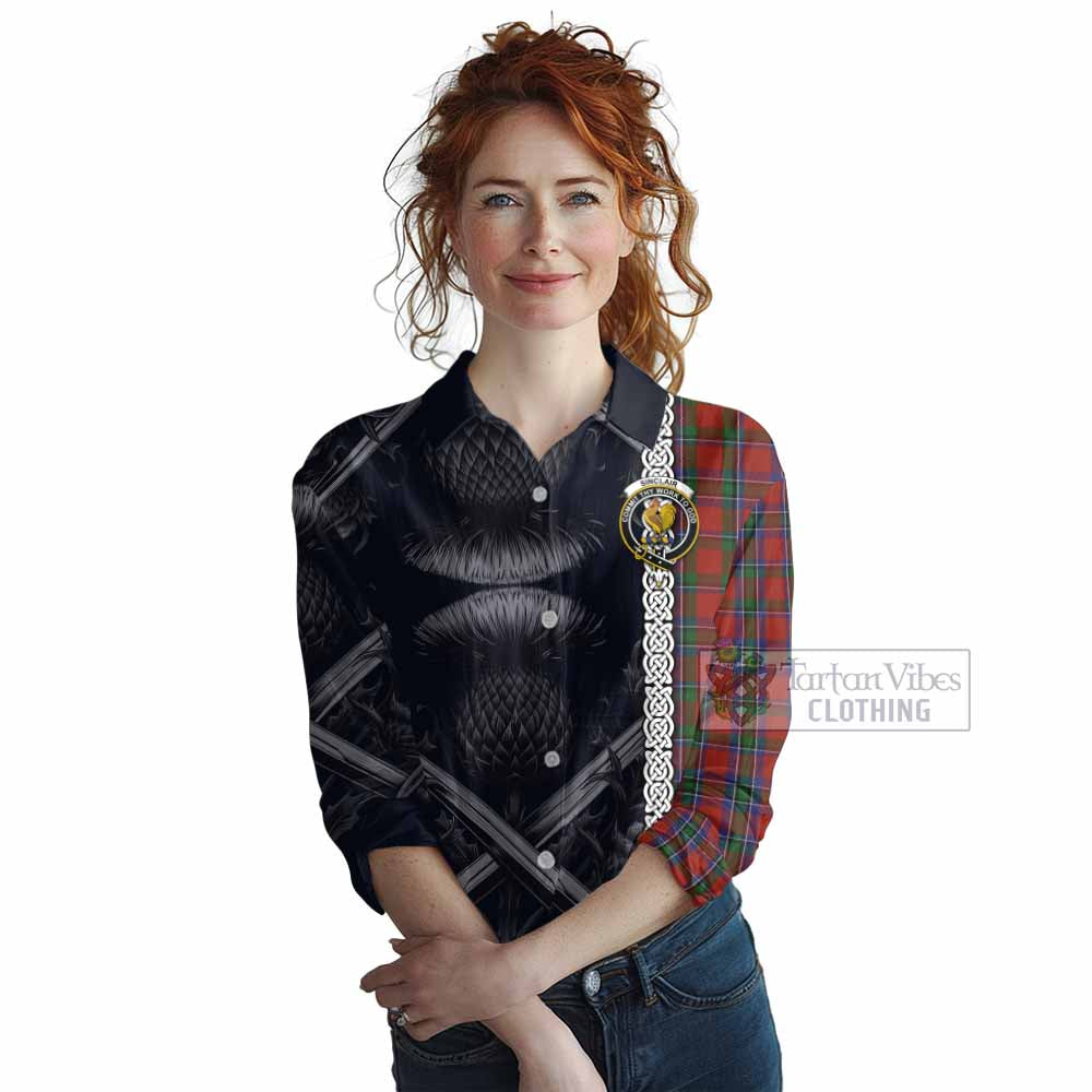Tartan Vibes Clothing Sinclair Tartan Women's Casual Shirt with Family Crest Cross Sword Thistle Celtic Vibes