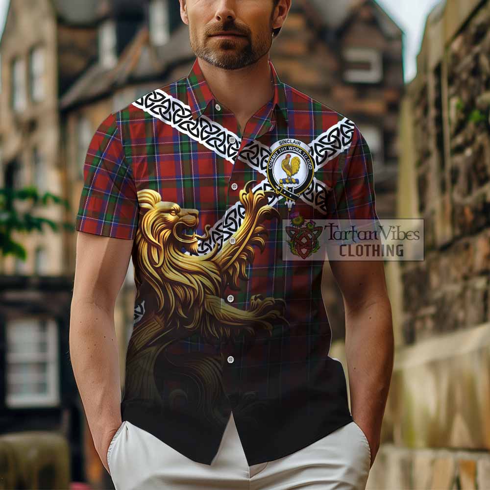 Tartan Vibes Clothing Sinclair Crest Tartan Short Sleeve Button Shirt with Golden Lion Emblem Celtic Style