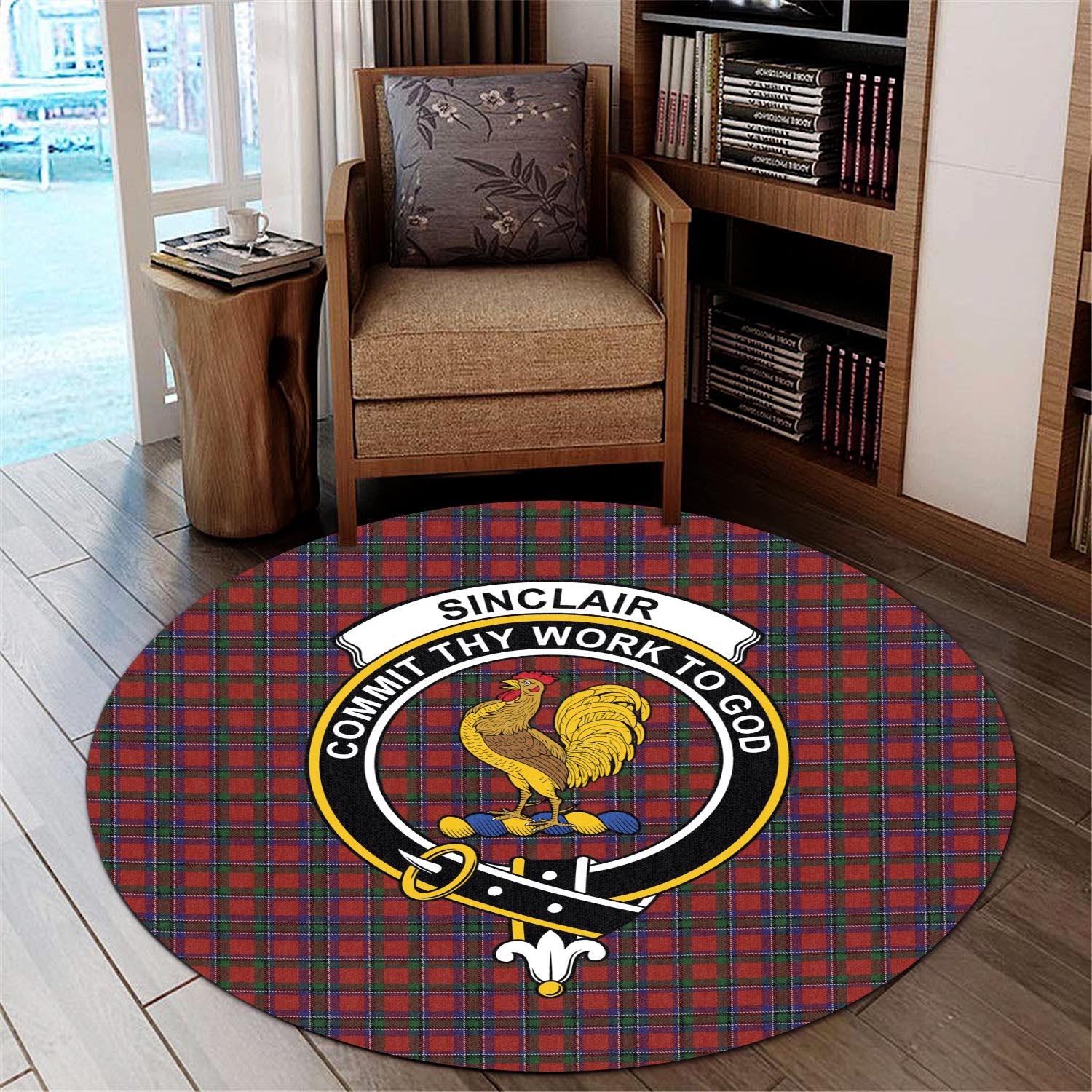 sinclair-tartan-round-rug-with-family-crest