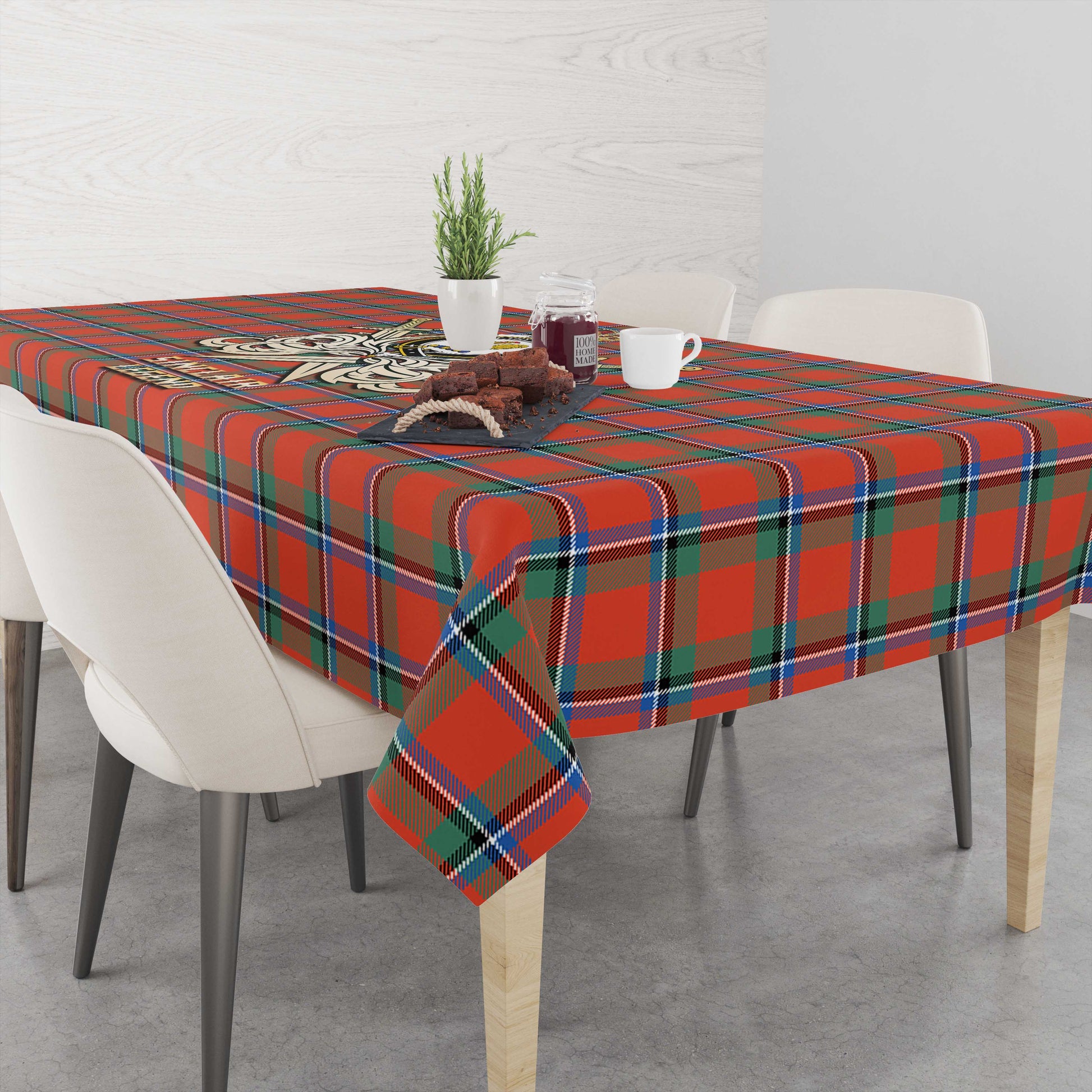 Tartan Vibes Clothing Sinclair Ancient Tartan Tablecloth with Clan Crest and the Golden Sword of Courageous Legacy