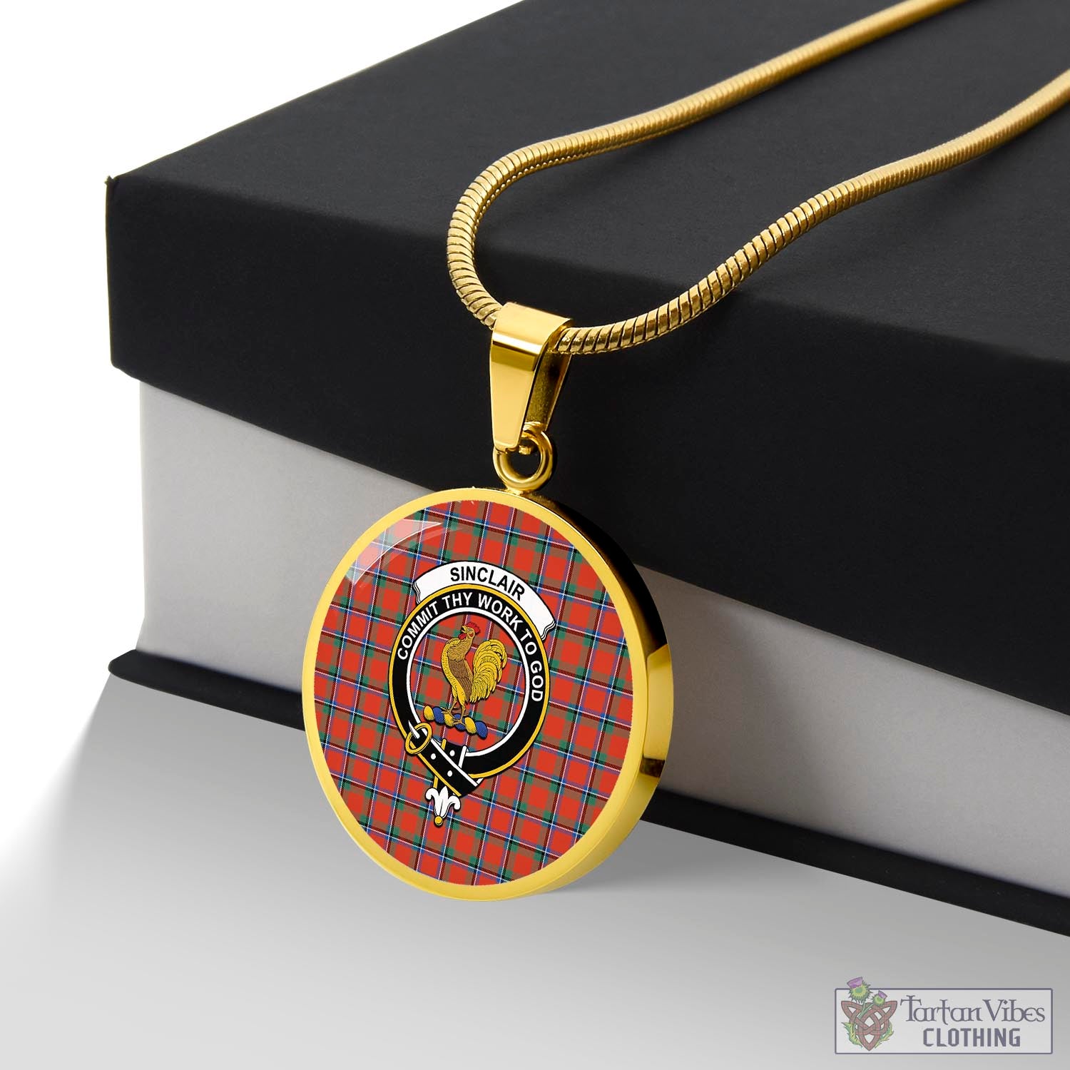 Tartan Vibes Clothing Sinclair Ancient Tartan Circle Necklace with Family Crest