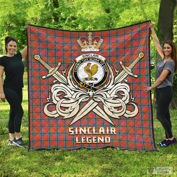 Sinclair Ancient Tartan Quilt with Clan Crest and the Golden Sword of Courageous Legacy