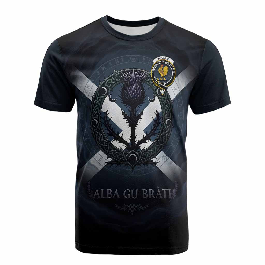 Sinclair Clan Crest Cotton T-shirt with Celtic Knot Thistle and Saltire