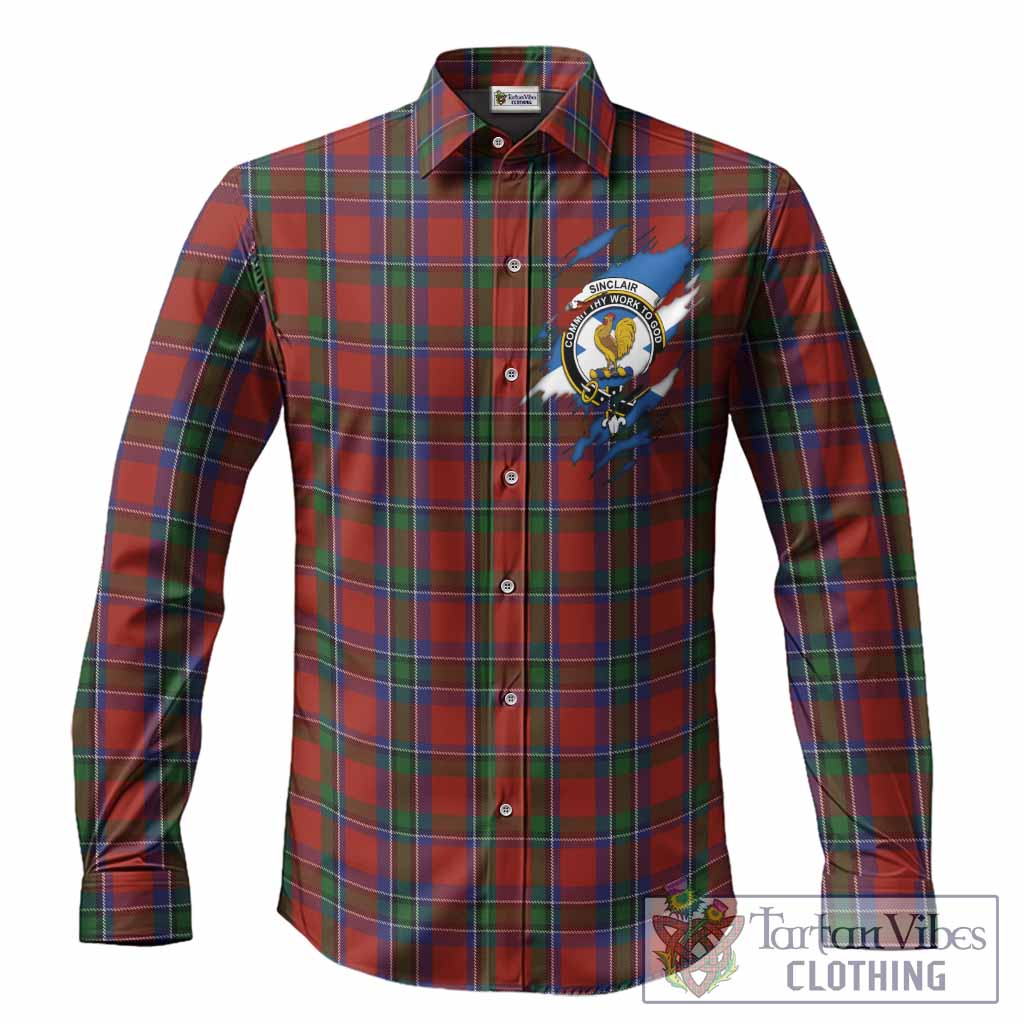 Sinclair Clan Crest In Me Tartan Long Sleeve Button Shirts Scotland Flag Style