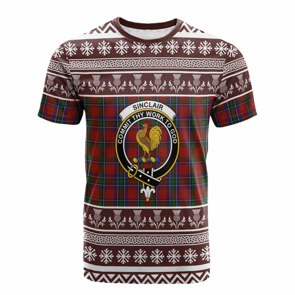 Sinclair Clan Tartan Christmas Cotton T-shirt with Family Crest - Tartan Vibes Clothing