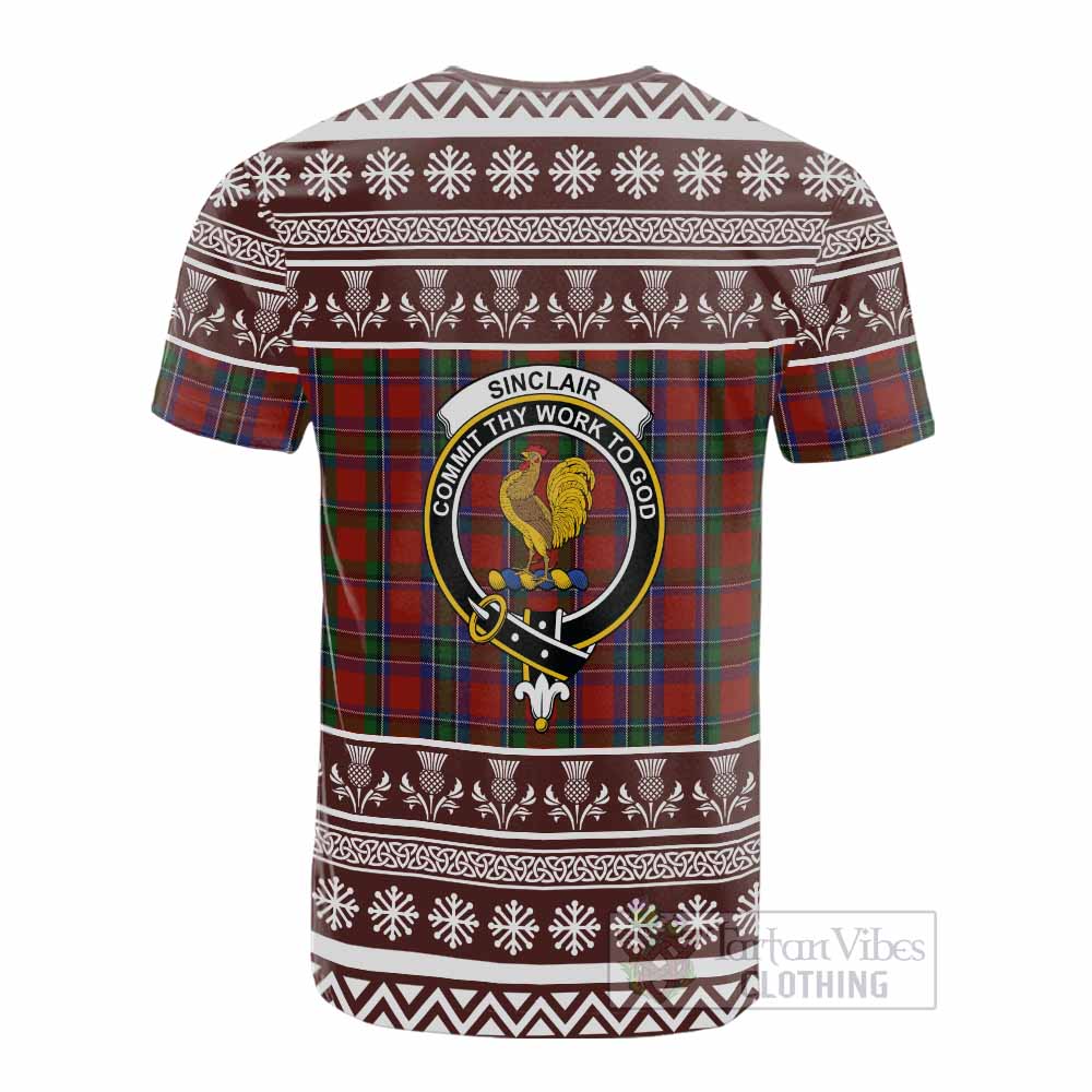 Sinclair Clan Tartan Christmas Cotton T-shirt with Family Crest - Tartan Vibes Clothing