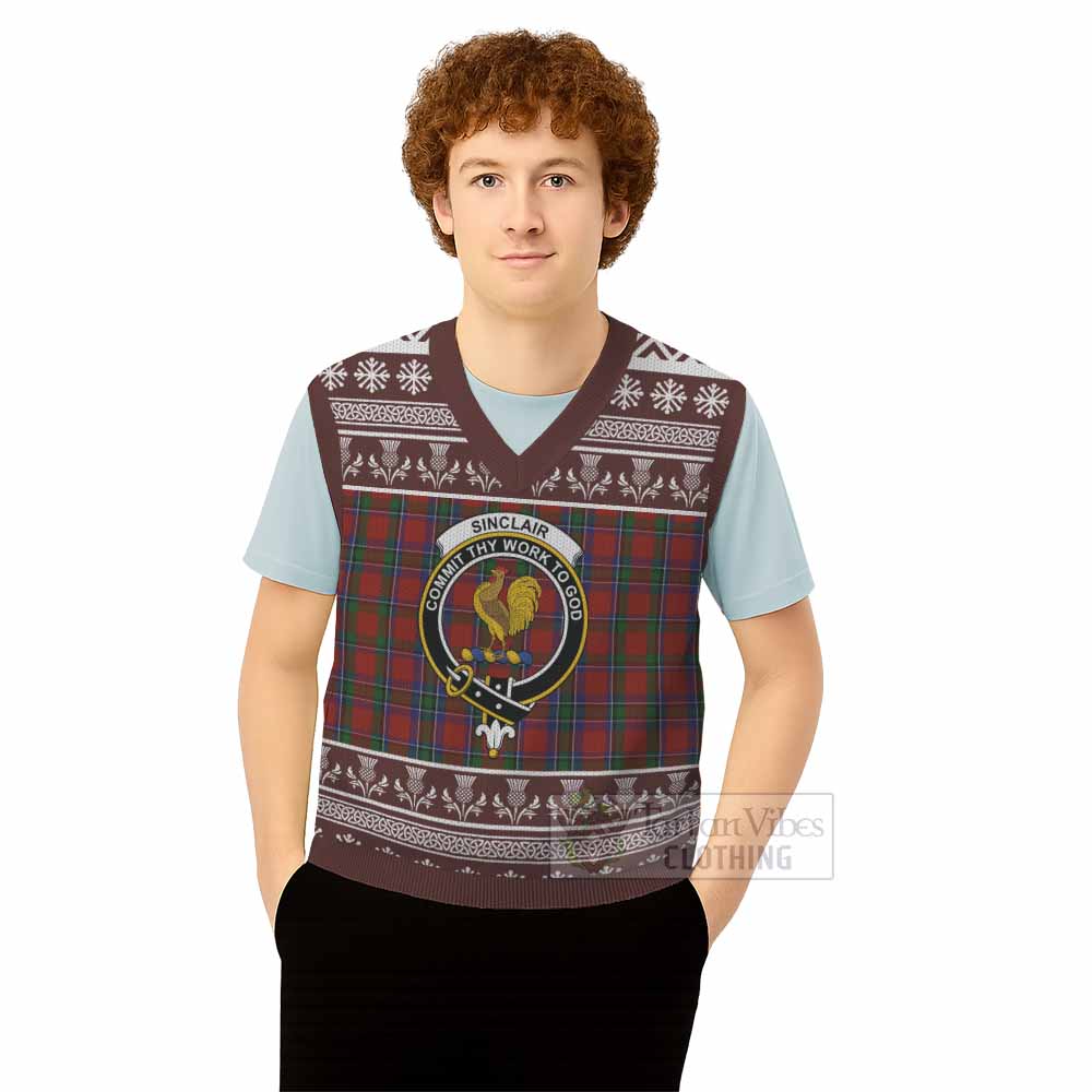 Sinclair Clan Tartan Christmas Knitted V-Neck Vest with Family Crest - Tartan Vibes Clothing