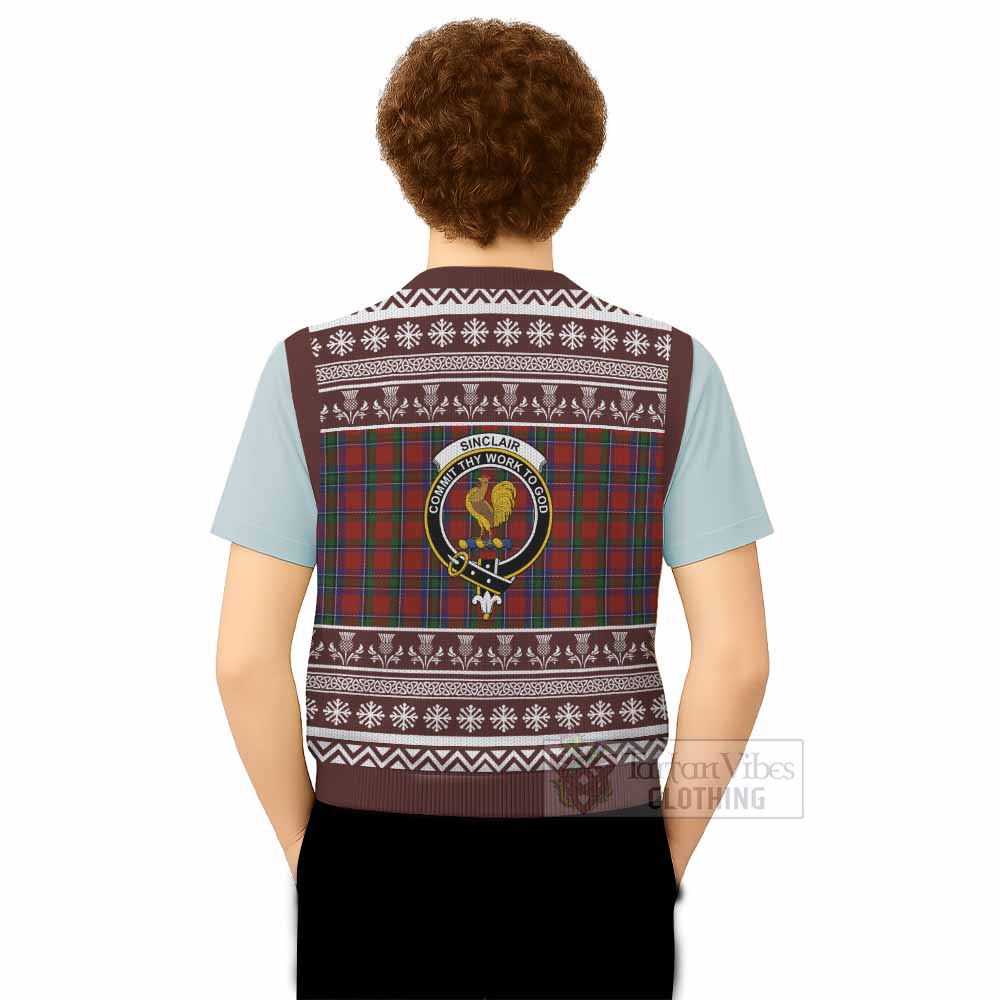 Sinclair Clan Tartan Christmas Knitted V-Neck Vest with Family Crest - Tartan Vibes Clothing